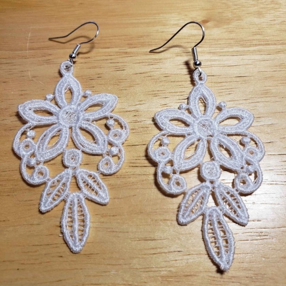Handmade White Lace Floral Dangle Earrings Boho Statement Lightweight